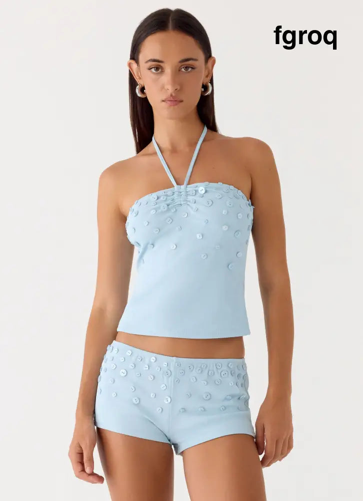 Bonita Button Mini Shorts - Pale Blue